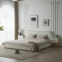 Christopher Knight Home Boucle Queen Upholstered Bed Frame with Curved Headboard, Vertical Stitching, Solid Wood Legs, White