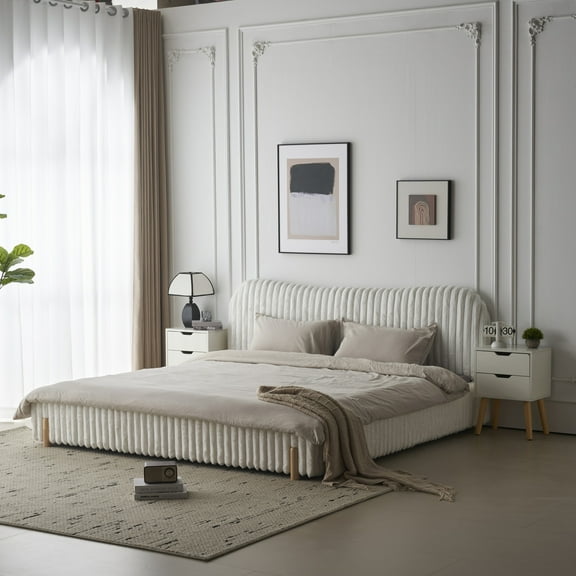 Christopher Knight Home Boucle Queen Upholstered Bed Frame with Curved Headboard, Vertical Stitching, Solid Wood Legs, White