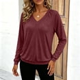 thumbnail image 6 of Qgtaibl V Neck Pullover Tops for Women Raglan Long Sleeve Solid Color Lounge Blouse Fall Loose Fit Stretchy Sweatshirts Wine XXL, 6 of 9