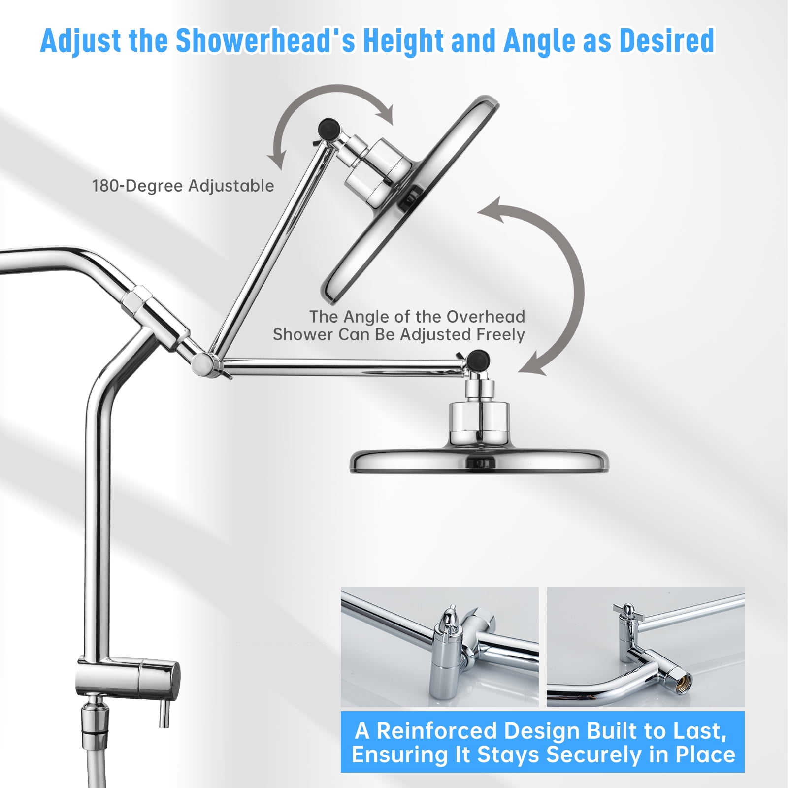 Joyrain 8-inch Rain Overhead Shower with Handheld High-pressure Shower Head, 8 Spray Modes, Rain Shower Combination with Multifunctional Extension Arm, Adjustable Height and Angle for Whole Family