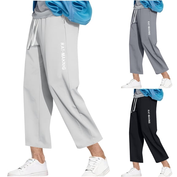 Fengqque Mens Wide-leg Pants Casual Lightweight Loose Fit Cropped Pants Beach Pants with Elastic Waistband White 2(XS)