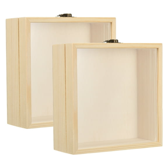 Uxcell 6x6 Wooden Shadow Box Display Case Memory Box with Glass Window, Natural Color 2 Pack
