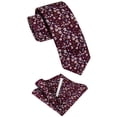 thumbnail image 2 of Cotton Floral Tie for Men 2.5" Printed Skinny Necktie Pocket Square Tie Clip Set Flower Wedding Party Groom Burgundy, 2 of 7