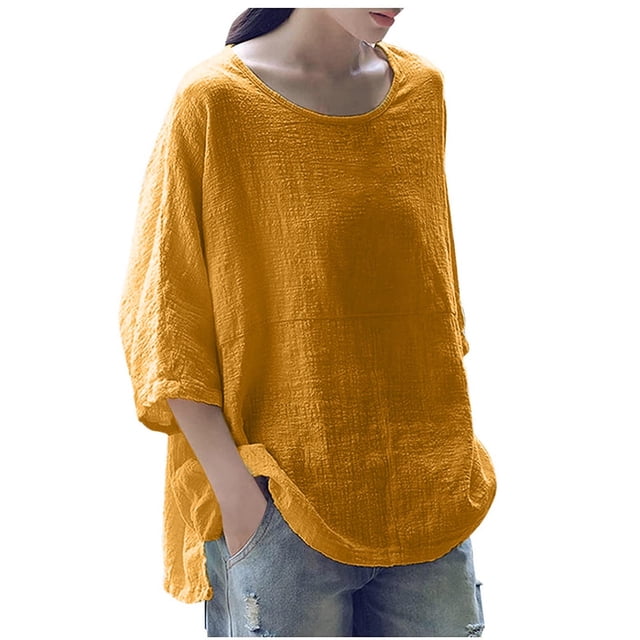 Besolor T-Shirts pour Femmes Grande Taille à Manches 3/4, Décontractés, Amples, Couleur Unie, Hauts en Coton et Lin, Col Ras du Cou, Tuniques d'Été