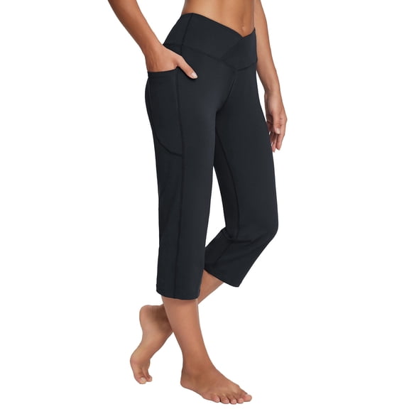 BALEAF Yoga Pants for Women Capris V Crossover Waist Leggings with Pockets Wide Leg Exercise Workout Crop Straight Open Bottom Black L