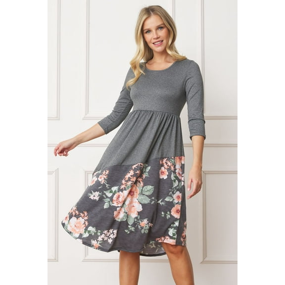 Charcoal 3/4 Sleeve Asymmetric Floral Curved Hem Midi Dress