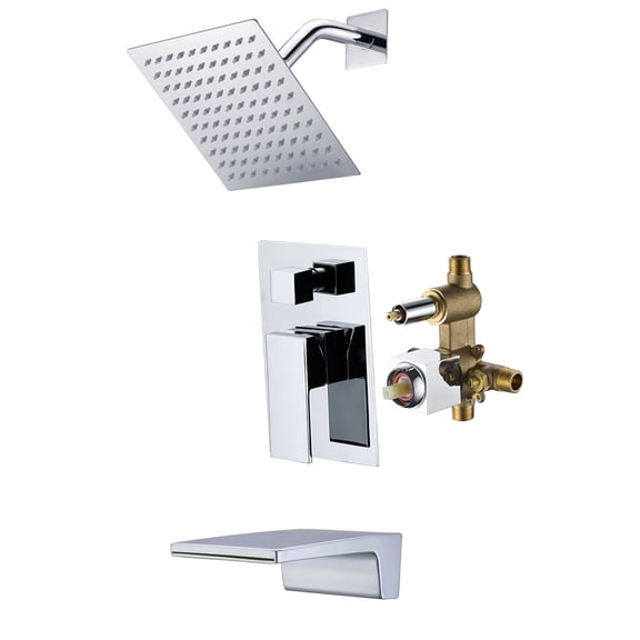 Sumerain Complete Chrome Shower System with Rough-in Valve, Single Handle Wall Mount Tub and Shower Faucet Set with 8" Rain Showerhead & Waterfall Tub Spout, Pressure Balance Valve