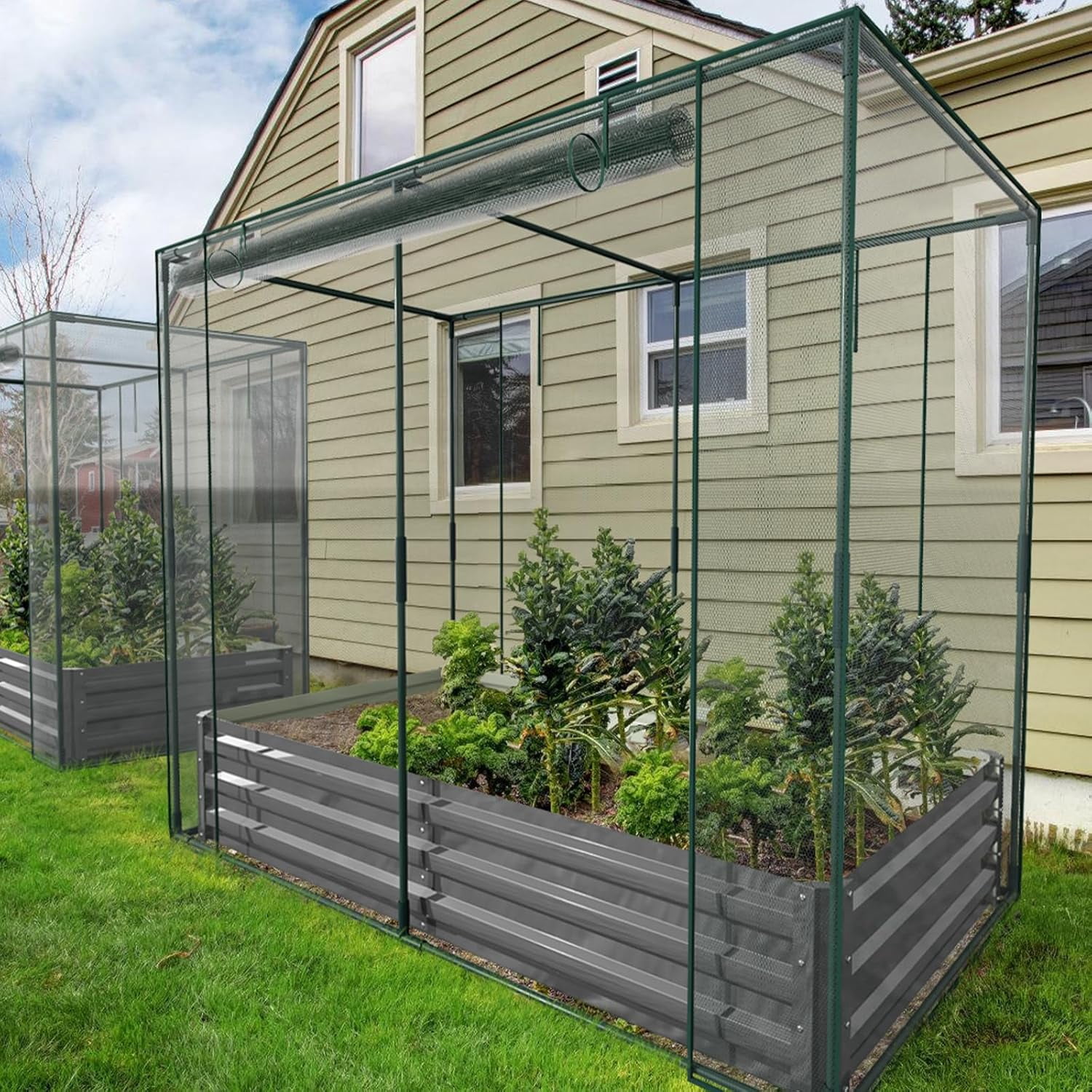 Slsy Galvanized Raised Garden Bed Kit w/Crop Cage Anti-Bird Netting Mesh Cover, 71" x 35.4" x 59" Large Metal Outdoor Planter Garden Boxes w/ 2 Roll-up Zippered Doors, for Vegetables Herbs Flowers