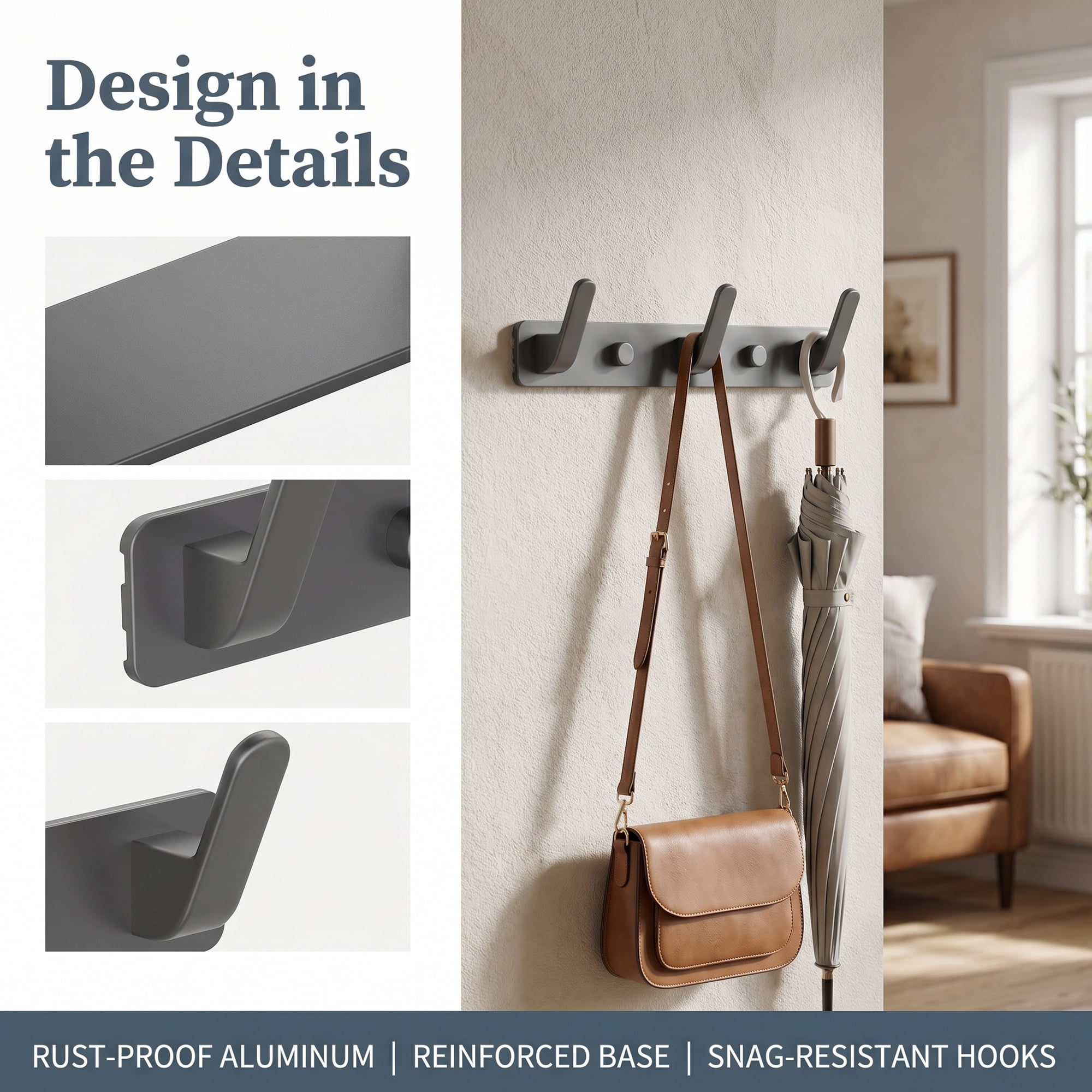 Unique Bargains Coat Rack Wall Mount for Entryway Bathroom Bedroom Gray 3 Hooks