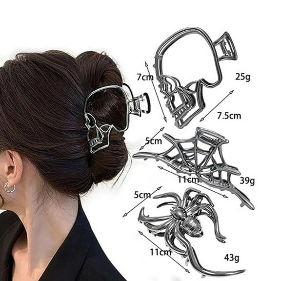 3PCS Gothic Accessories Black Spider Web Skeleton Hand Skull Cute Large Hair Claw Clips for Women Goth Accessories Cute Hair Clips Skeleton Hair Clip, Halloween Decoration