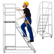FRCOLOR Indoor Rolling Ladder 6 Step Work Platform with Brake Wheels Heavy Duty White