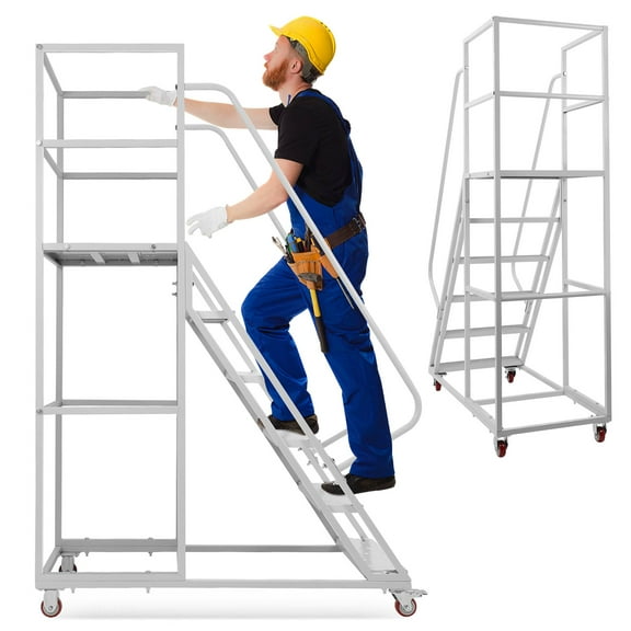 FRCOLOR Indoor Rolling Ladder 6 Step Work Platform with Brake Wheels Heavy Duty White
