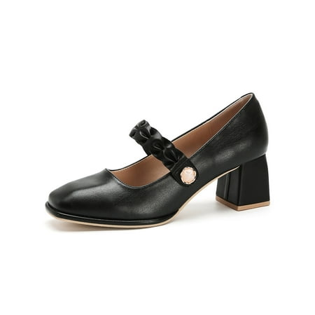 

Rotosw Women s Dress Shoes for Women Pumps Mary Jane Heels Low Block Round Closed Toe Wedding Office Work Black 7