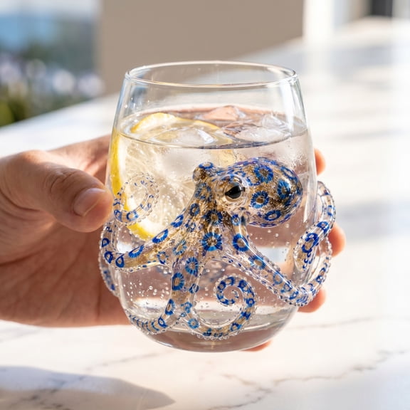 Rednachen Artisanal Blue Ringed Octopus Glassware, Octopuss Drinking Glass 3D Stemless Wine Glasses, Handcrafted Novelty Ocean Animal Bar Glass, for Coastal Home Ocean Decor
