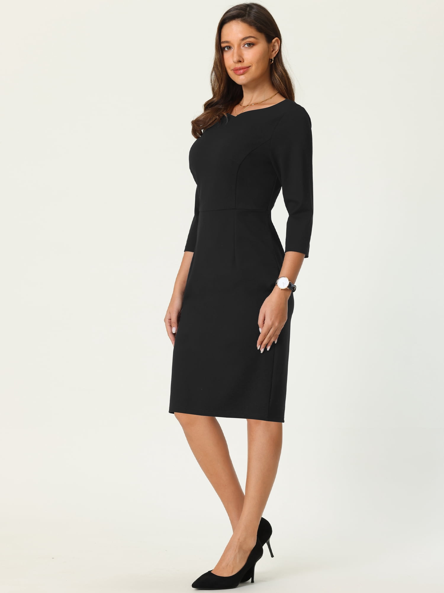 Unique Bargains Women's 3/4 Sleeve Work Boat Neck Elegant Pencil Sheath Dresses L Black