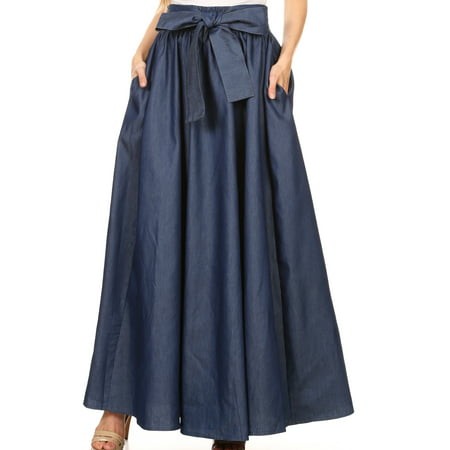 Sakkas Adisa Long Maxi Chambray Boho Casual Skirt with Elastic Waist - Chambray - One Size