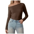 thumbnail image 2 of kaprioy Womens Boat Neck Tops Casual Fitted Tee Shirts Solid Color Fall Basic Clothes Long Sleeve Shirts Coffee, XS, 2 of 8