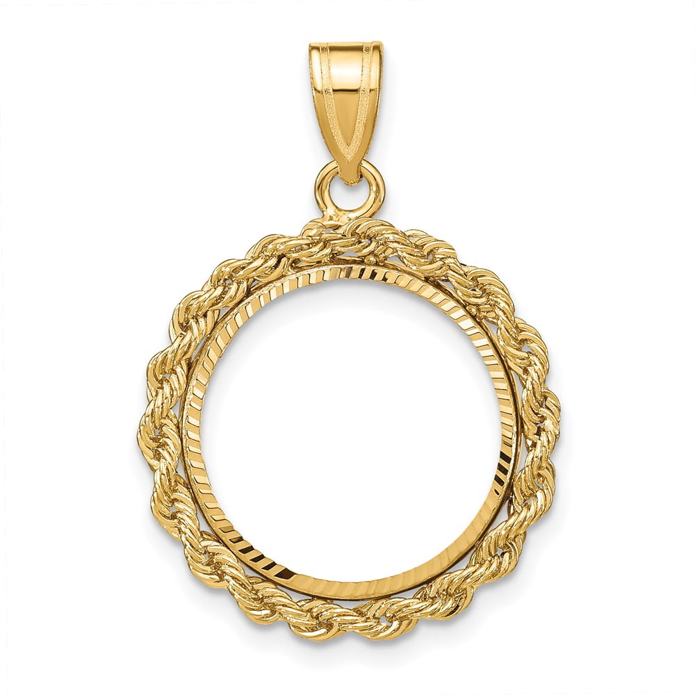 Wideband Distinguished Coin Jewelry 10k Polished and Diamond-cut with Rope Edge 16.5mm Prong Coin Bezel Pendant