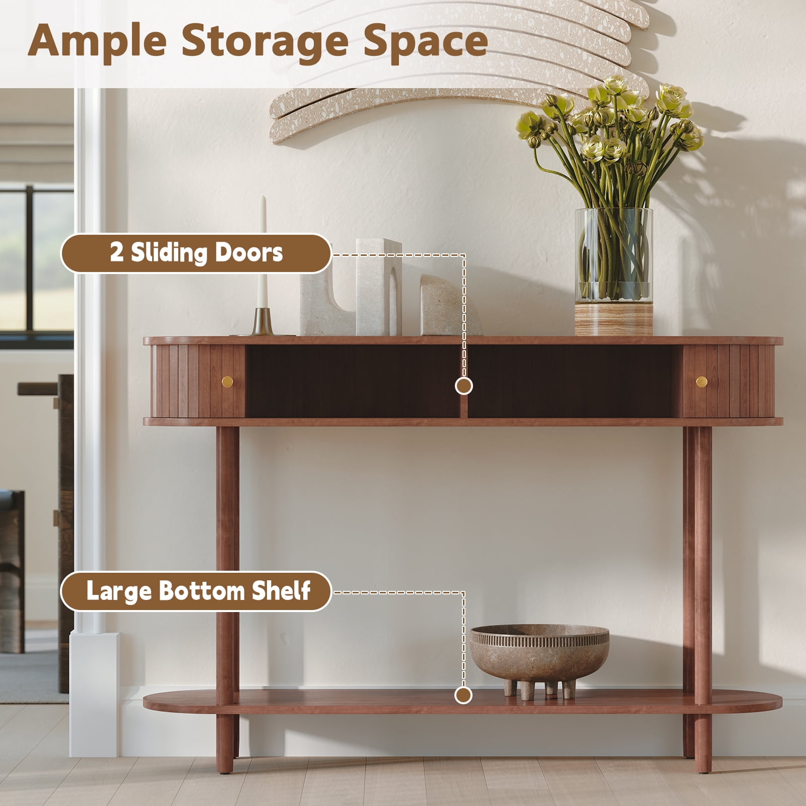 HLR Mid Century Sofa Entryway Table, Console Table with Tambour Sliding Door for Living Room Hallway, Brown