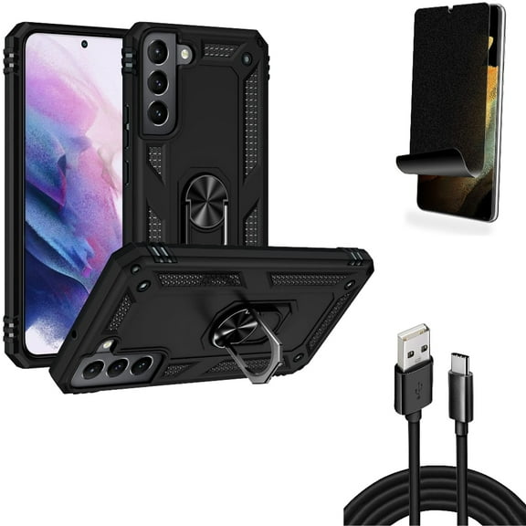 Hybrid Case Cover & 10ft USB Cable & Privacy Screen Protector for Samsung Galaxy S22 Plus (S22 ) - Combo Metal Ring Kickstand Shockproof & Type-C Charger Cord Power & TPU Film (Fingerprint) Anti-Peep