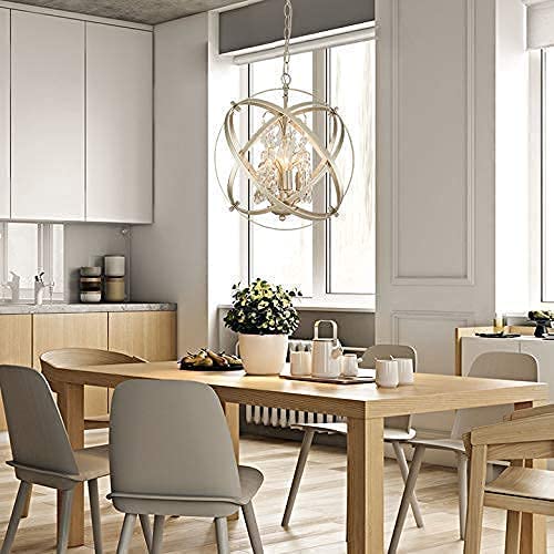 Maxax 4 Lights Cage Crystal Chandelier, Modern Globe Metal Pendant Lighting, Adjustable Sphere Farmhouse Hanging Ceiling lamp, for Kitchen, Entryway, Dining Room, Living Room, Champagne Gold