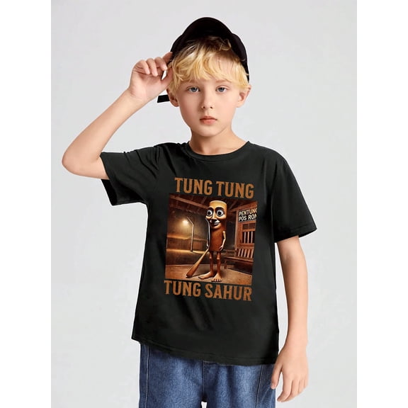 children’s wear Retro Funny Tung Tung Sahur Graphic Black Cotton T-Shirt for Kids Boys Girls Cute Cartoon Character Short Sleeve Tee