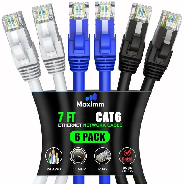 Cable Ethernet Maximm Cat 6 De 7 Pies (Paquete De 6) - Cable Lan De Alta Velocidad Cable De Conexión De Internet Y Cable De Red - Cable Ethernet Utp De 10 Gbps 550 Mhz - Tricolor
