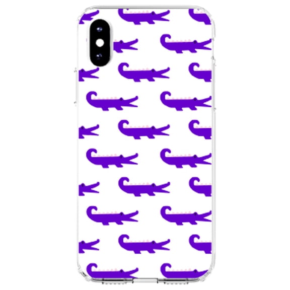 DistinctInk Clear Shockproof Hybrid Case for iPhone XS Max (6.5" Screen) - TPU Bumper, Acrylic Back, Tempered Glass Screen Protector - Purple White Alligators - Cartoon Alligators