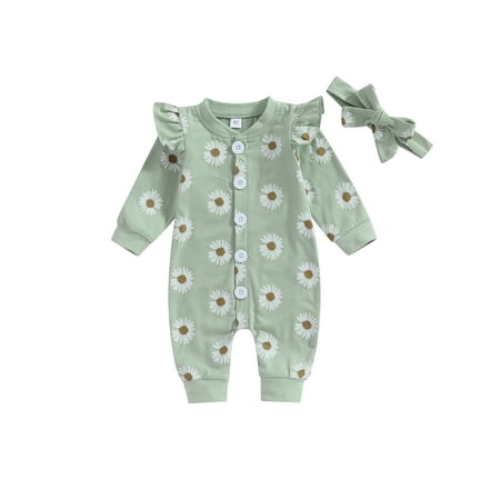 

Infant Girl Rompers Daisy Print Buttons Long Sleeve Baby Jumpsuits Newborn Clothes Bodysuits with Headband