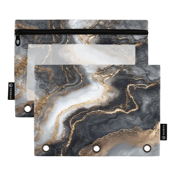 2 Pack 3 Ring Binder Pouch with Clear PVC Window Water Resistant Zipper Pencil Pouch Gilded Black Marble Fluid Art Binder Pocket for Classroom Office Home Stationery Organization