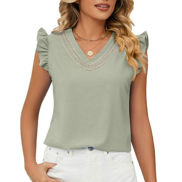 Blusas de gasa con cuello en V de verano para mujer blusas holgadas de Color en contraste a la moda blusas de gasa de manga corta con volantes verde guisante XXL