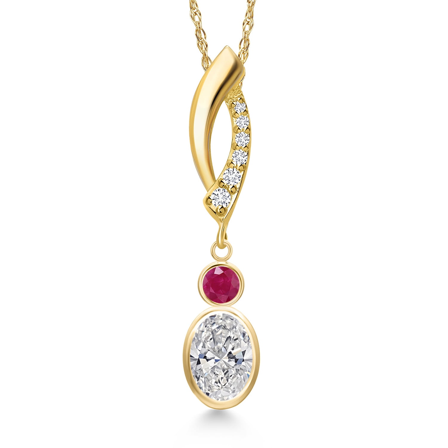 Gem Stone King 14K Yellow Gold DEF Lab Grown Diamond and Red Ruby and Lab Grown Diamond Pendant Necklace for Women | 0.92 Cttw | Gemstone April Birthstone | Oval 7X5MM | With 18 inch Chain