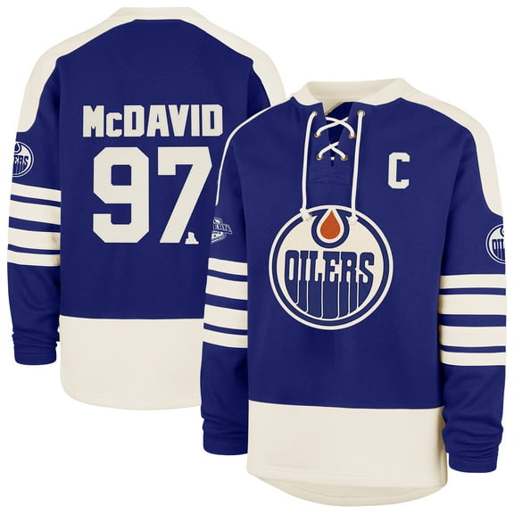 Men's '47 Connor McDavid Royal Edmonton Oilers Player Name & Number Sweep Check Eternal Lacer Sweatshirt