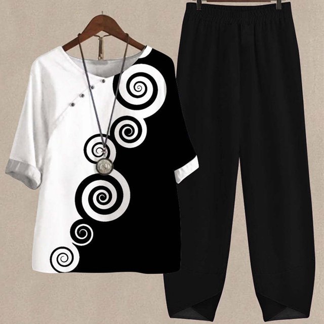 Ladies Five Sleeve Printed Blouse Pants Two Piece Suit, Black S