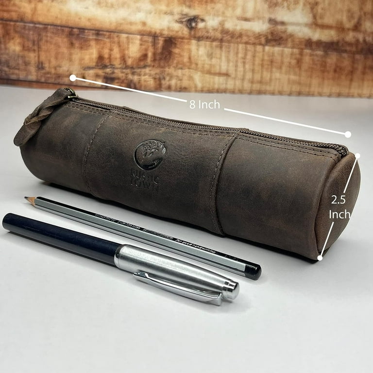 RUSTIC TOWN Leather Pencil Pouch - Zippered Pen Case for Work