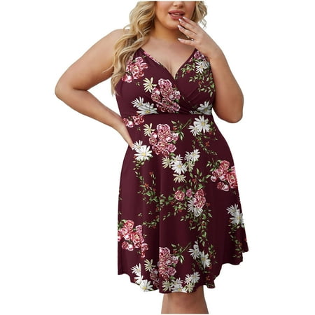 

YanHoo Women s Plus Size Dresses Sleeveless Sexy V Neck Waist Mini Dress Loose Casual Beach Swing Dress