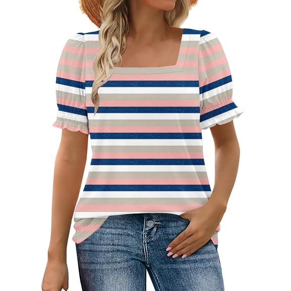 WHLBF Womens Tops Square Neck Stripe Printing Casual Neck Loose Short Sleeve T-shirt Pink L