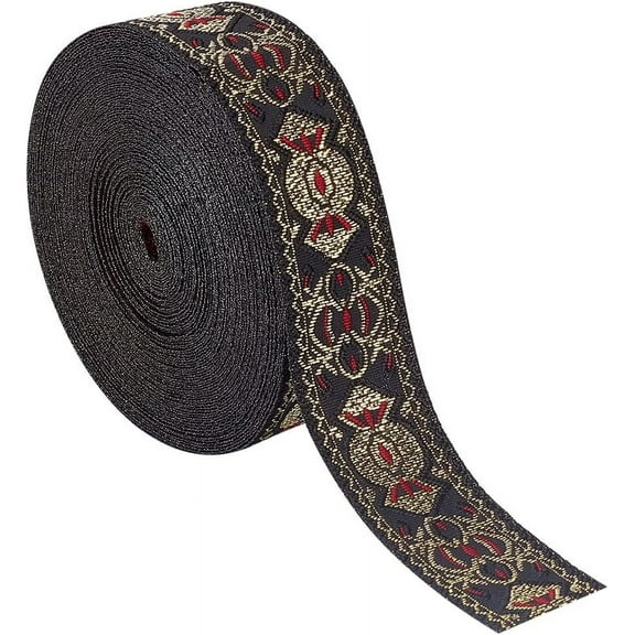 10 m 10.9 Yards Vintage Jacquard Ribbon 1Inch Black Jacquard Embroidery Ribbon Ethnic style Antique Embroidery Jacquard Ribbon for Weaving Decorative Craft Supplies