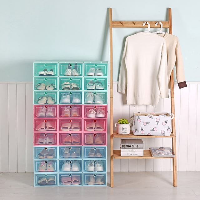 Becaristey 1pcs Foldable Clear Plastic Home Shoe Box Organiser Drawer Stackable Storage Box light blue