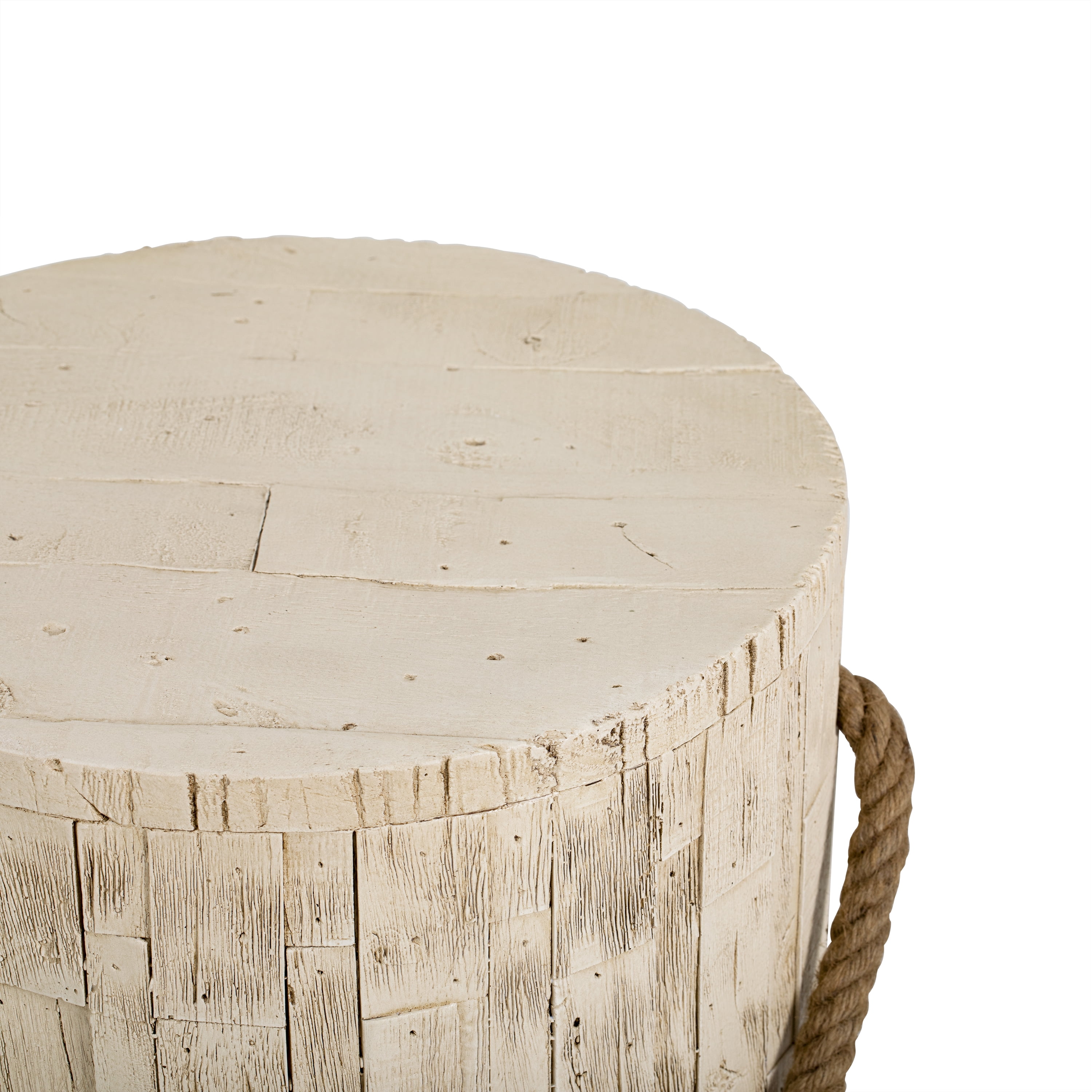 Outdoor Rustic Side Table with Realistic Wood Grain & Decorative Simulated Braided Cord, Indoor End Table for Living Room Home Office Patio Balcony Decor