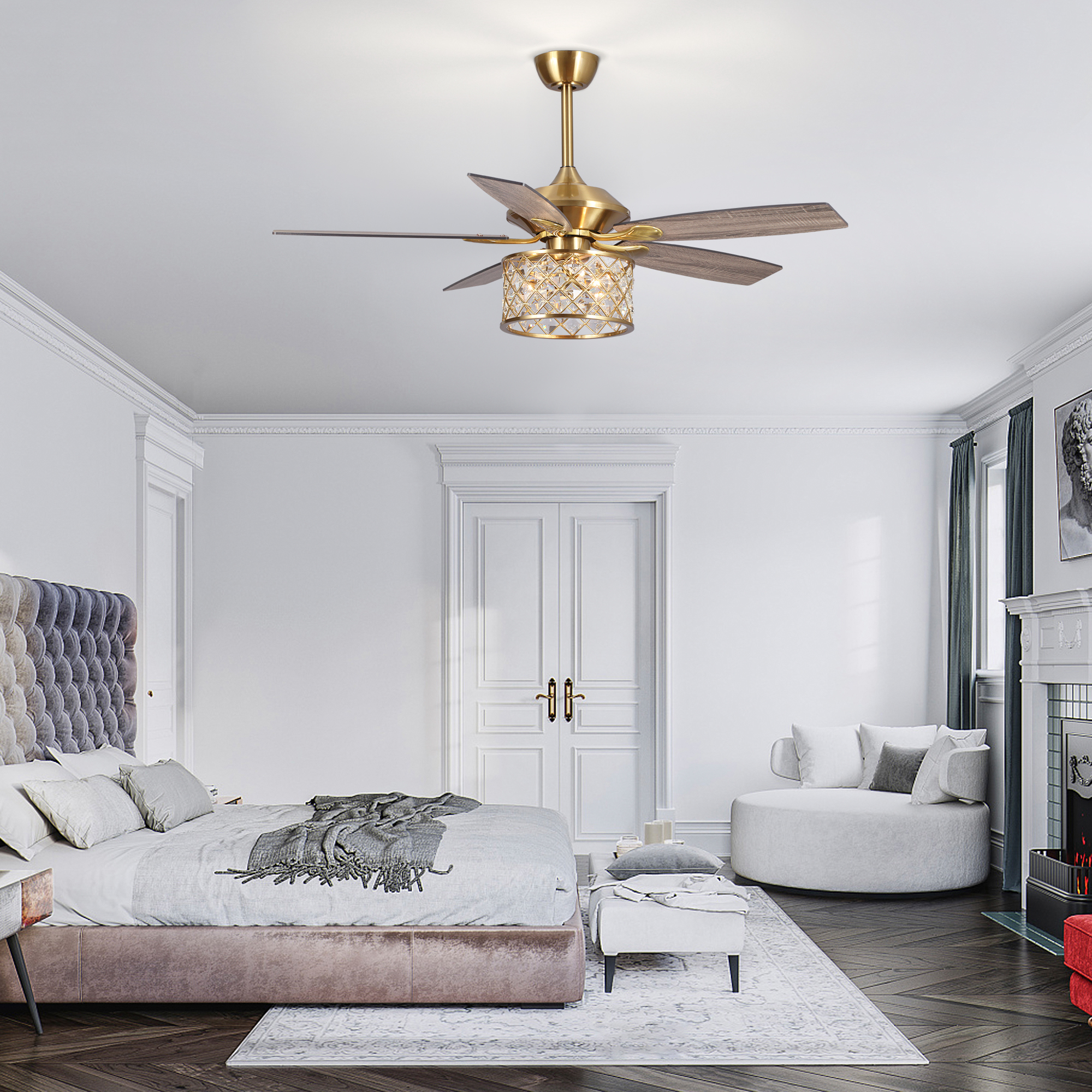 Parrot Uncle 52 inch Gold Chandelier Crystal Ceiling Fan with Lights and Remote Control, 5 Blades, Indoor