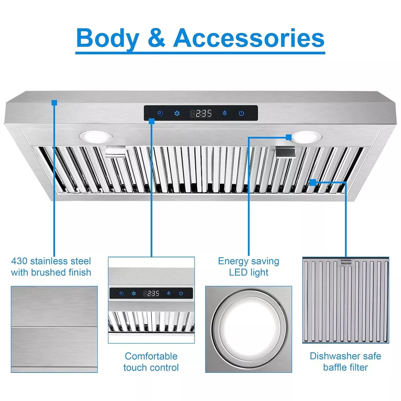"Joeaonz 30"" Convertible Under Cabinet Range Hood, Stainless Steel, 600CFM, 3-Speed Fan, Dishwasher-Safe Filter"