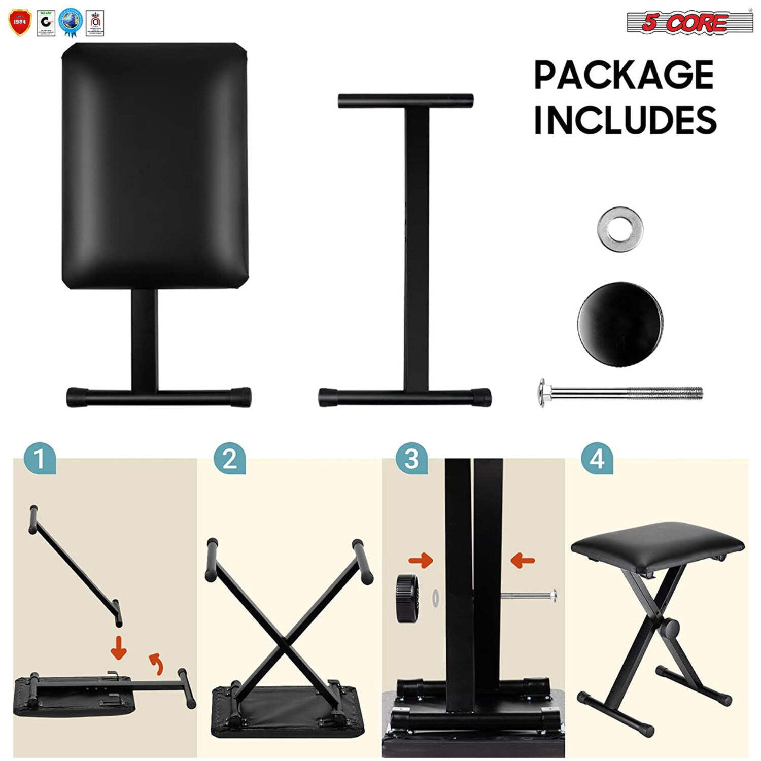 5 Core Keyboard Bench 2 Inch Padded Cushioned Piano Stool Height Adjustable 19" Guitar Seat Portable