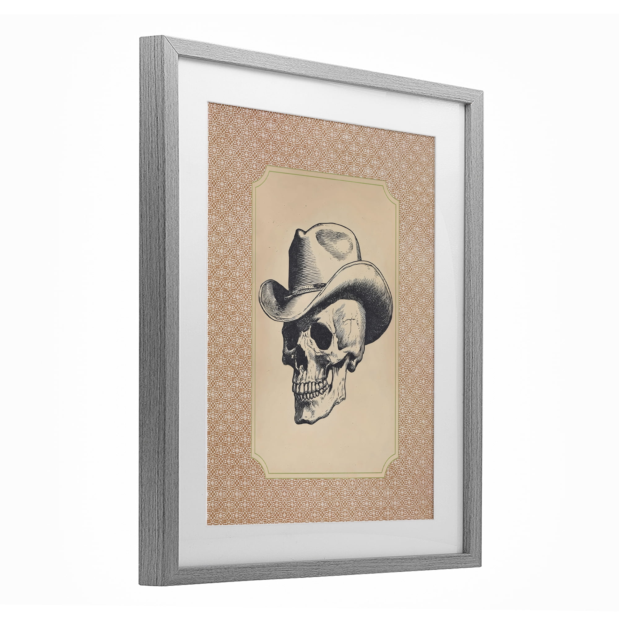Vintage Cowboy Skull Gray Framed Print Under Glass, design by Arlington Prints