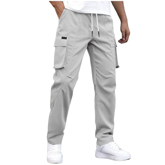 IROINNID Men's Multi-Pocket Cargo Pants Elastic Waist Drawstring Solid Color Outdoor Casual Straight Leg Trousers