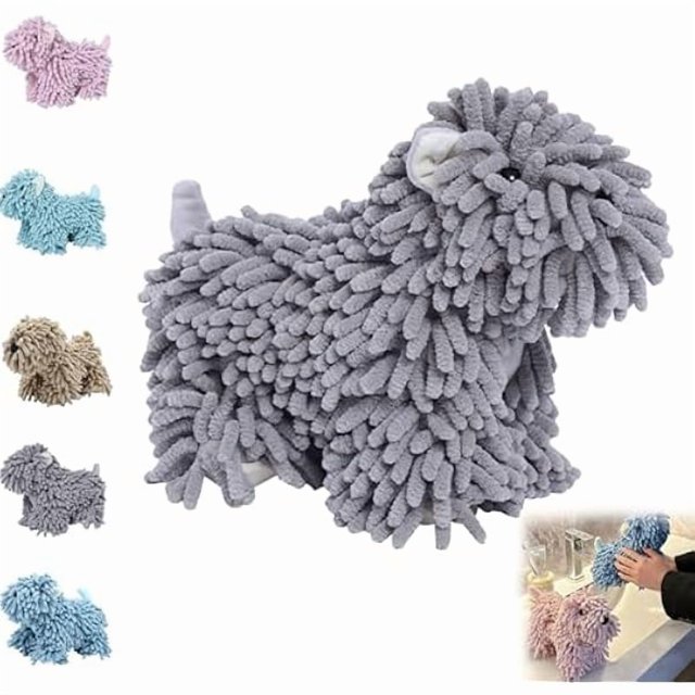 wonima44 Chenille Towel Ball Dog, Chenille Dog Towel, Dogs Shaped Microfiber Hand Towels, Creative Puppy Shaped Absorbent Washable Hand Drying Puff for Bathroom, Kitchen, Washstand, Home Use (Gray)
