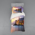 thumbnail image 1 of Cityscape Duvet Cover Set, Old Mediterranean Town Camogli of Italy at Sunrise Colorful Scenic Landscape, Bedding Set with Shams and Fitted Sheet, 3 Sizes, by Ambesonne, 1 of 3