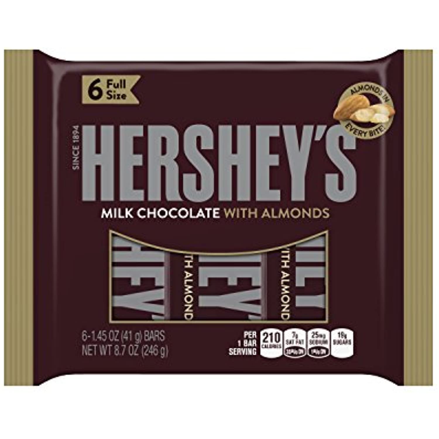 Hersheys Chocolate Candy Bar With Almonds, 6 Bars (Pack Of 4)