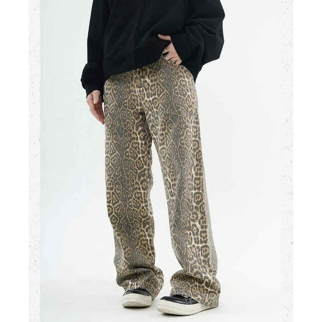 Jean Mince Délavé à Imprimé Léopard pour Femme, Style Décontracté de Rue, Pantalon en Denim Neutre