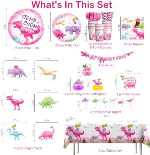 181pcs Pink Dinosaur Birthday Decorations Tableware Set, Watercolor Party Supplies with Banner Plates Cups Tablecloth for Girls Dinosaur Birthday Decorations, Serve 25